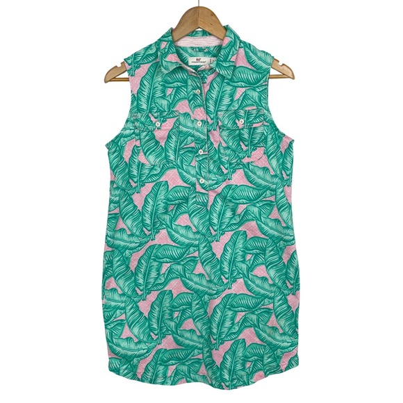 Vineyard Vines Dresses & Skirts - Vineyard Vines Pink Green Leaf Print Sleeveless Shirt Dress Sz 6 Preppy Vacation